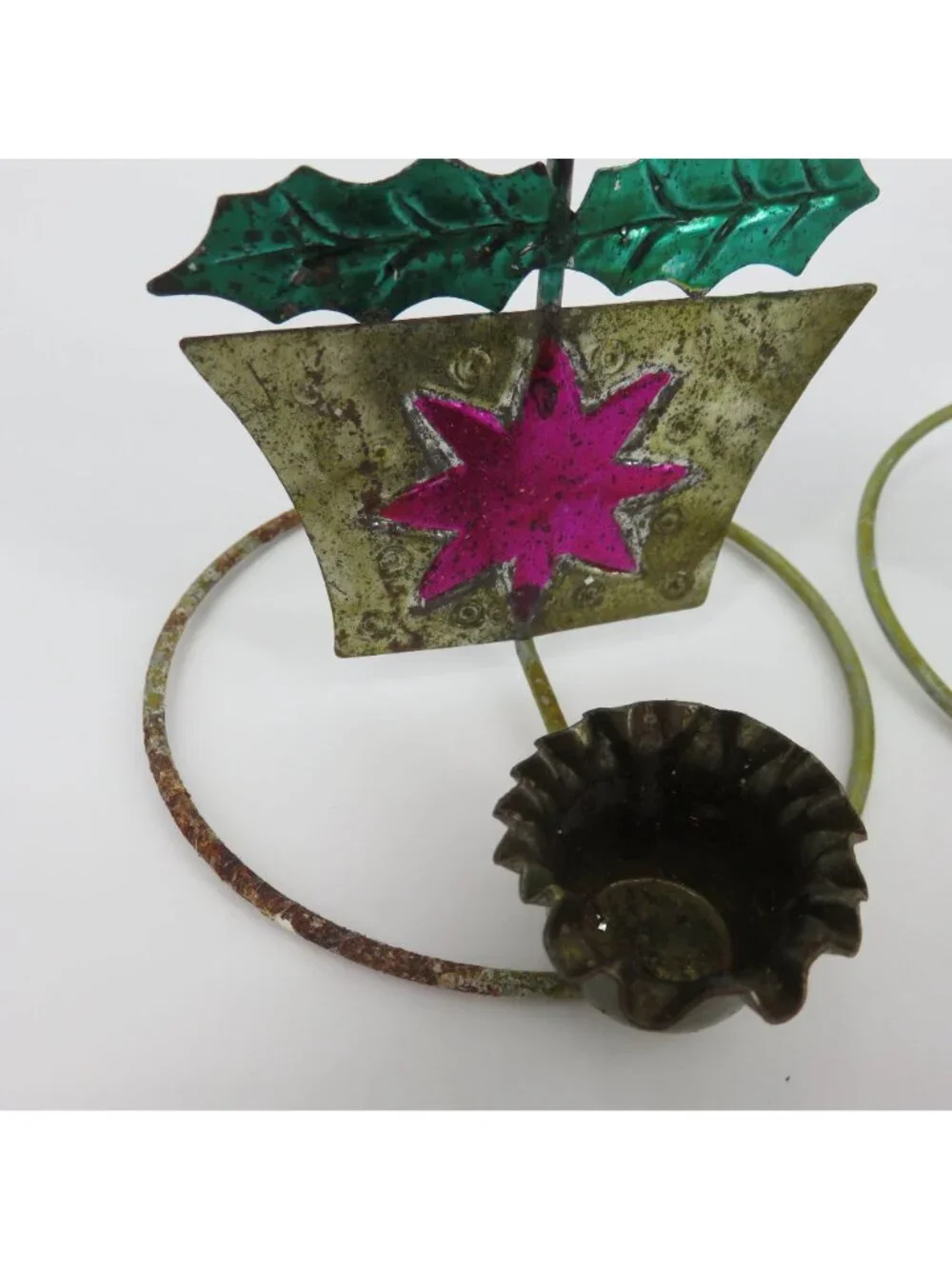 VTG Punch Tin Folk Art Pair 2 Candle Holders Pink Yellow Green Retro Christmas